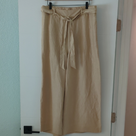 H Halston Beige Wide-Leg High Waisted Paper Bag Linen Blend Beachy Trousers XL - Picture 1 of 6